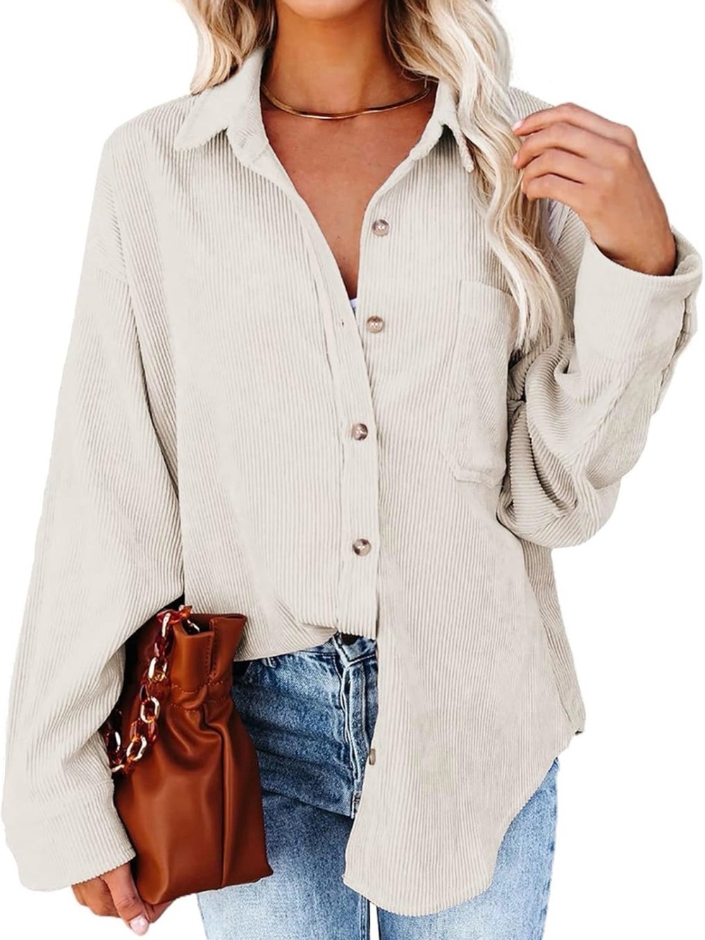 ASTYLISH Oversized Beige Corduroy Button Down Shacket Size Large